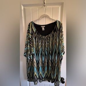 Catherine’s 5x tunic blue, black, yellow/green